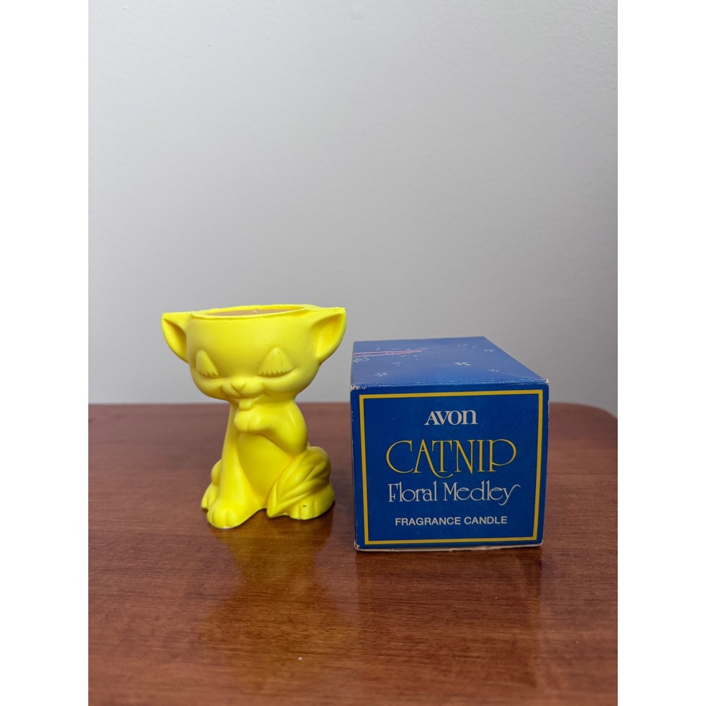 Vintage Avon Catnip Floral Medley Fragrance Candle Yellow Cat Figurine with Box